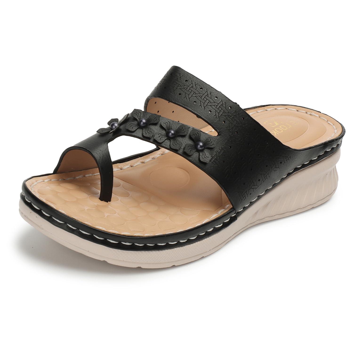 XE Looks Women's Black Orthopedic Wedge Slippers | Stylish Floral Cut-Out Design | Comfortable Doctor Slippers with Cushioned Support For Girls & Women