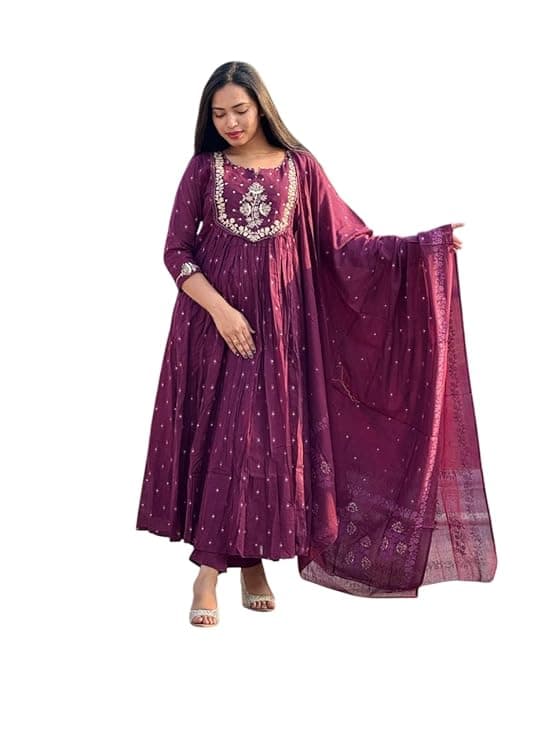 Onesell Enterprises Women's Cotton Embroidery Anarkali Kurti and Pant with Dupatta Set