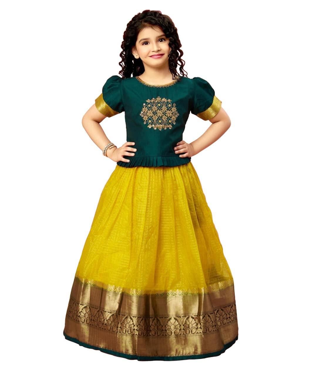 White Button New latest Girl's Tissue checks readymade Lehenga choli for girls dress (6-7 Years, Green Yellow)