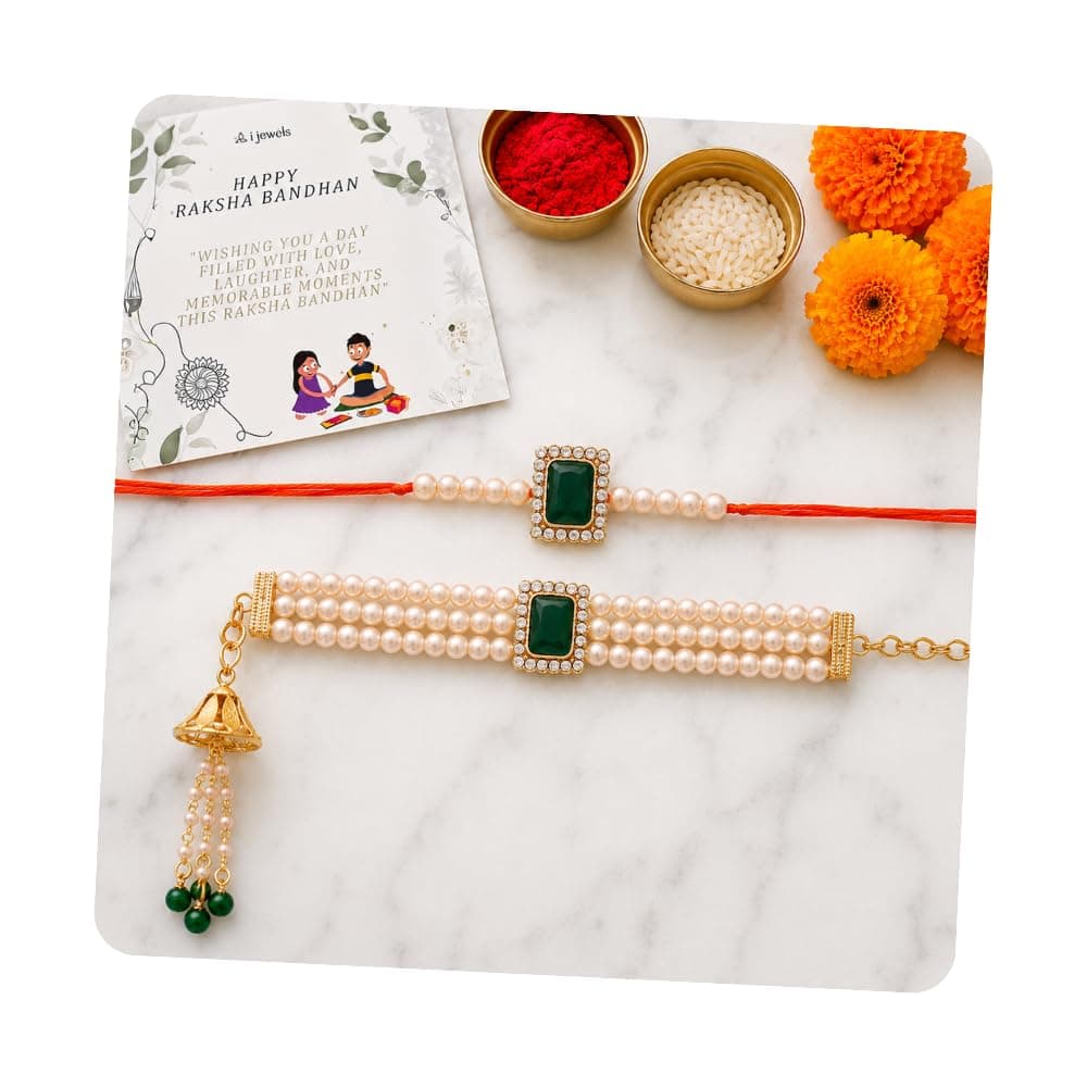 I Jewels Premium Pearl Lumba Rakhi Set for Brother and Bhabhi with Roli Chawal & Rakshabandhan Card | Couple Rakhi (R010G-CO)