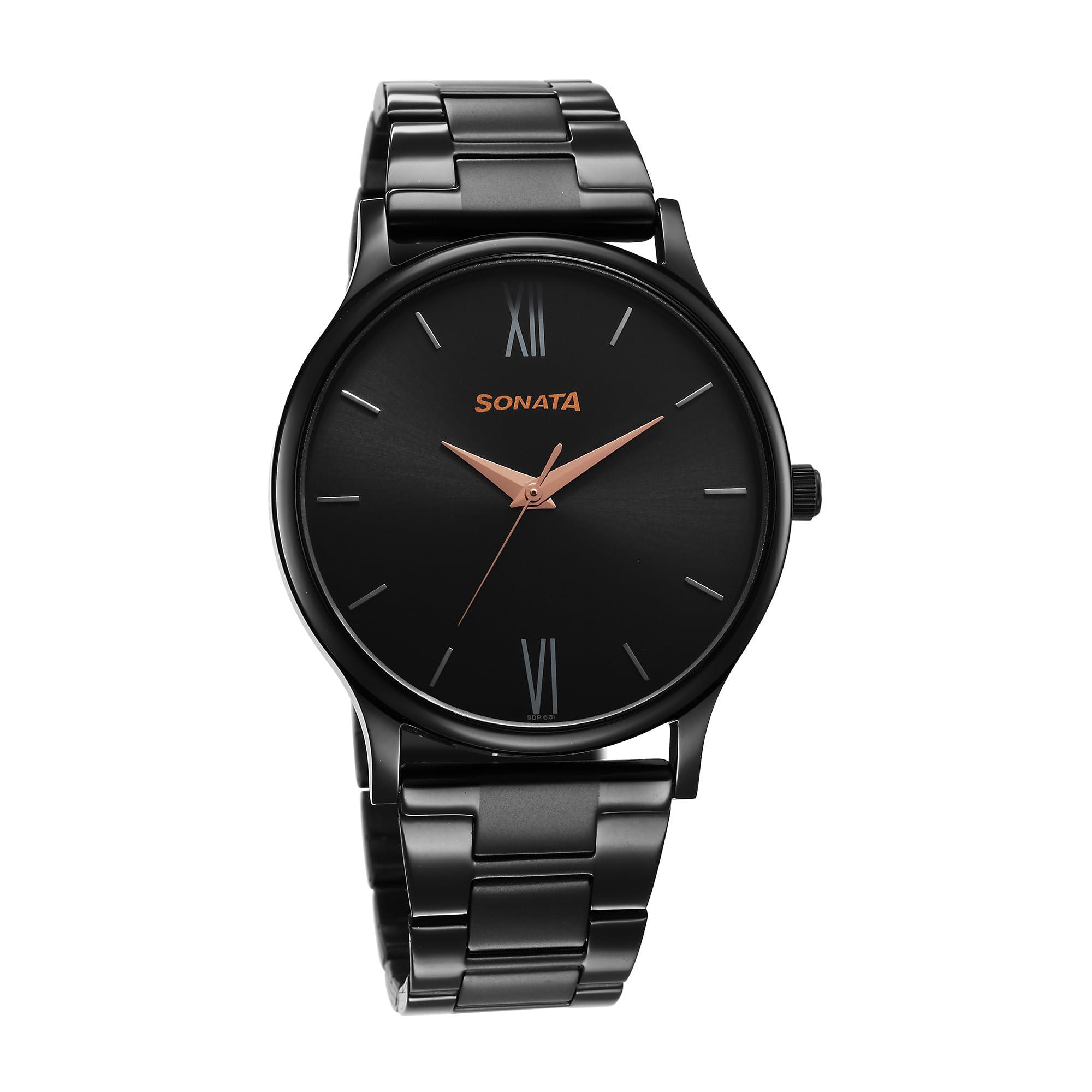 Sonata Aspire Quartz Analog Black Dial Black Stainless Steel Strap Watch for Men - NT77105NM03W