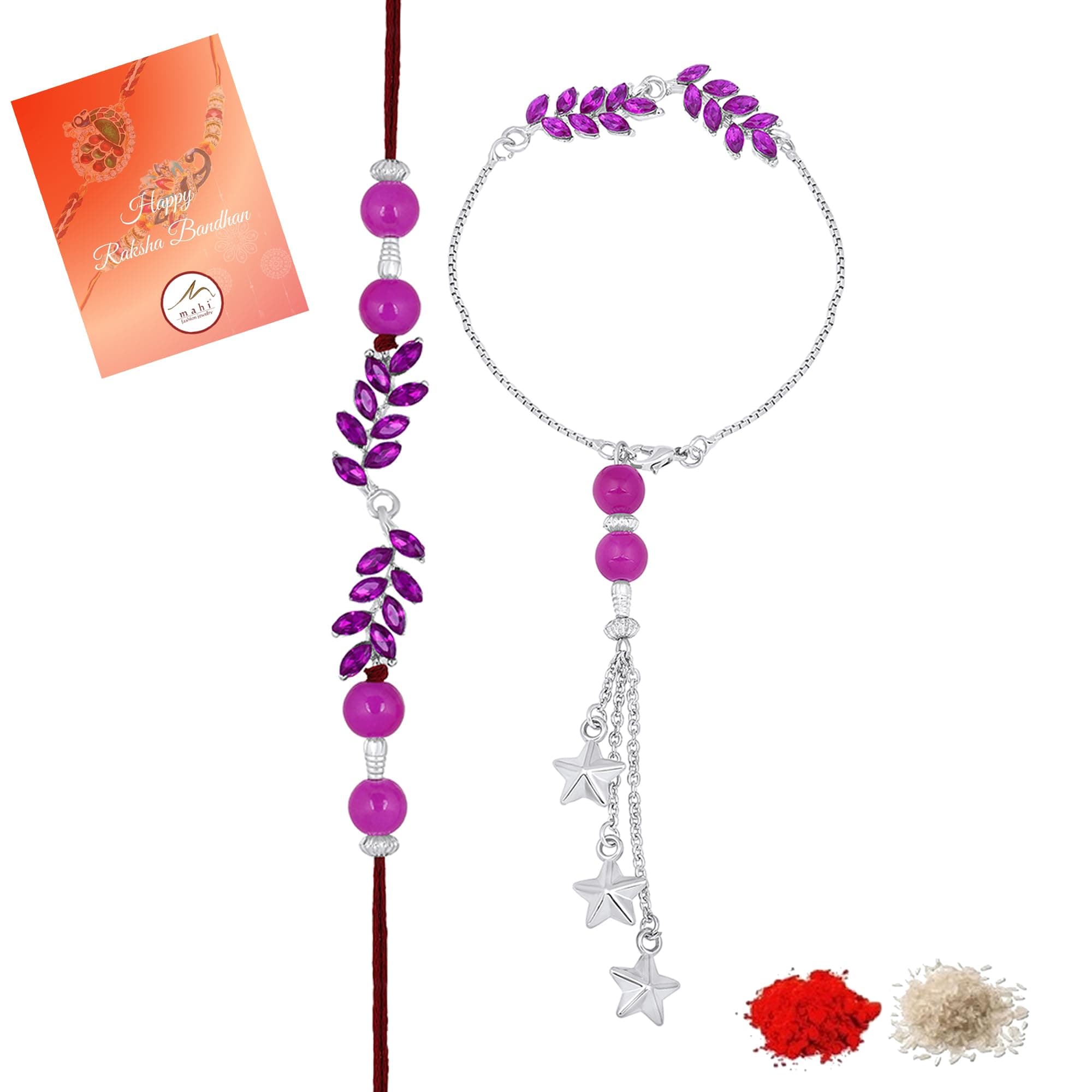 Mahi Leafy Shape Purple Crystals Lumba and Brother Rakhi Set for Bhaiya and Bhabhi (RCOL1105680RPur)