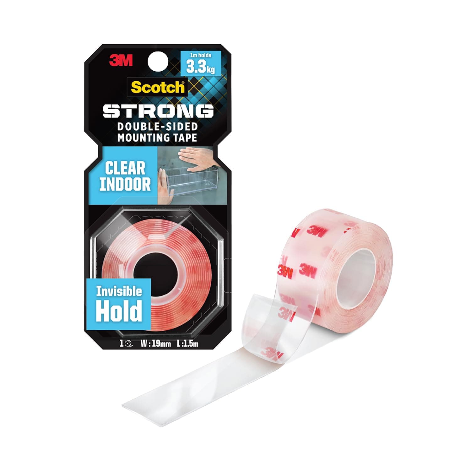 3M Scotch Transparent Double-Sided Tape, 1M Holds 3.3 Kg, Invisible Finish, for Indoor Hanging Applications, Works on Uneven Surfaces, Heavy Duty, Strong Adhesive, (L: 1.5m, W: 19mm), Transparent