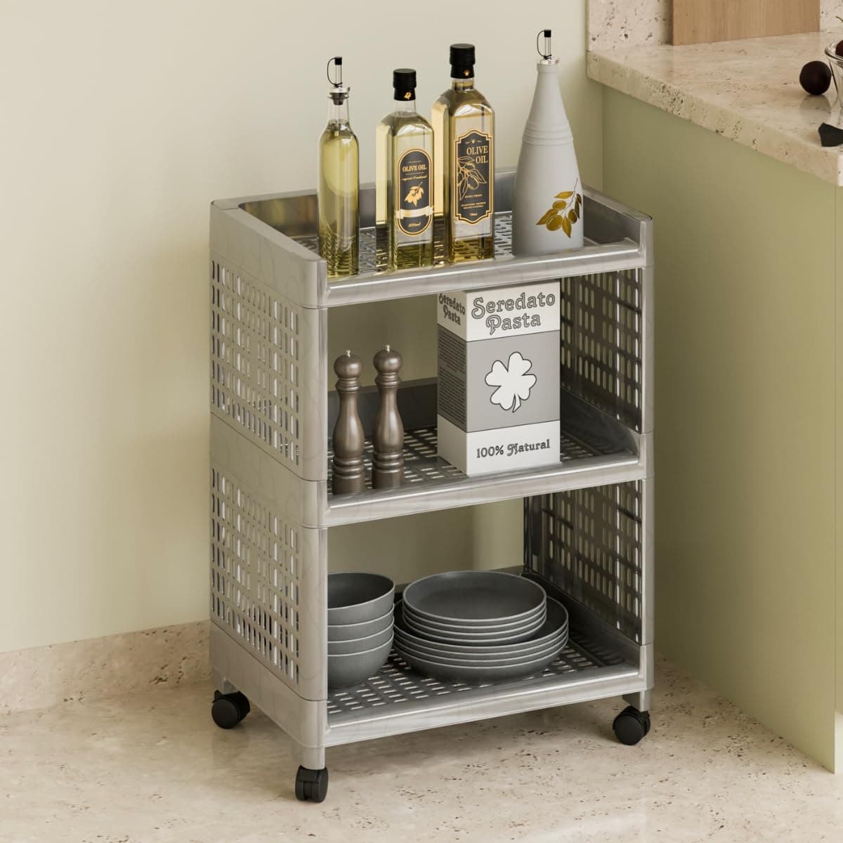 Biltoxi Plastic Multipurpose Storage Racks | 3 Shelfs Storage Organizer Racks for Home, Kitchen, Bathroom | Kitchen Trolley Rack with Wheels (Silver)