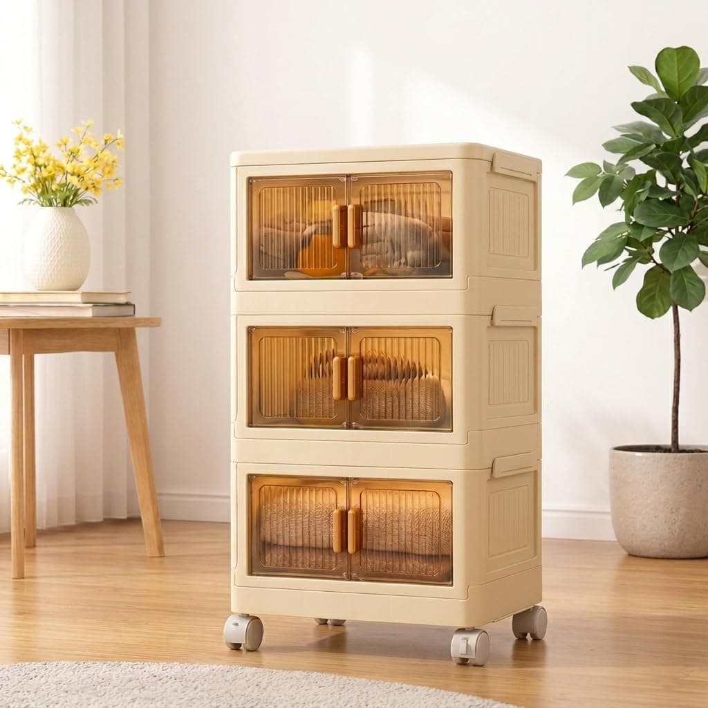 Tarkan DIY Stackable Storage Cabinet with Wheels, 50x25x72 cm, 3-Tier Magnetic Door Organiser, Transparent Panels, Cream