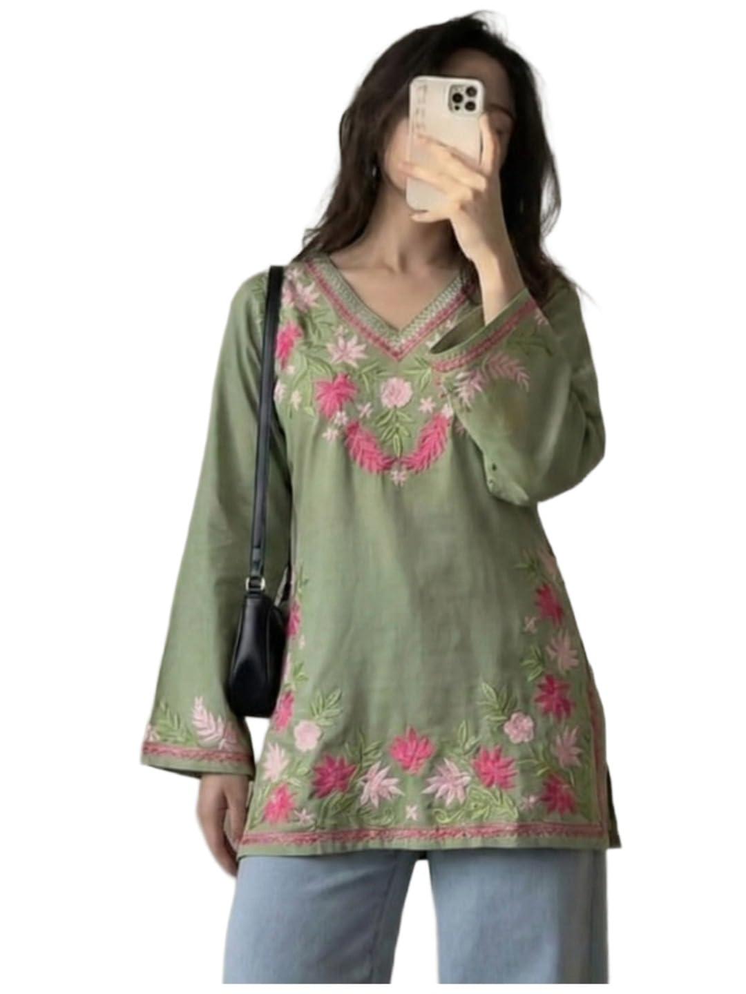 ANNI DESIGNER Women's Viscose Embroidered Short Kurti (Isanika Green-SK_S_Green_Small)