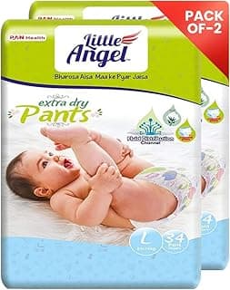 Little Angel Extra Dry Baby Pants Diaper, Large (L) Size, 68 Count, Super Absorbent Core Up to 12 Hrs Protection & Wetness Indicator, 8-14kg (34 count/pack, Pack of 2)