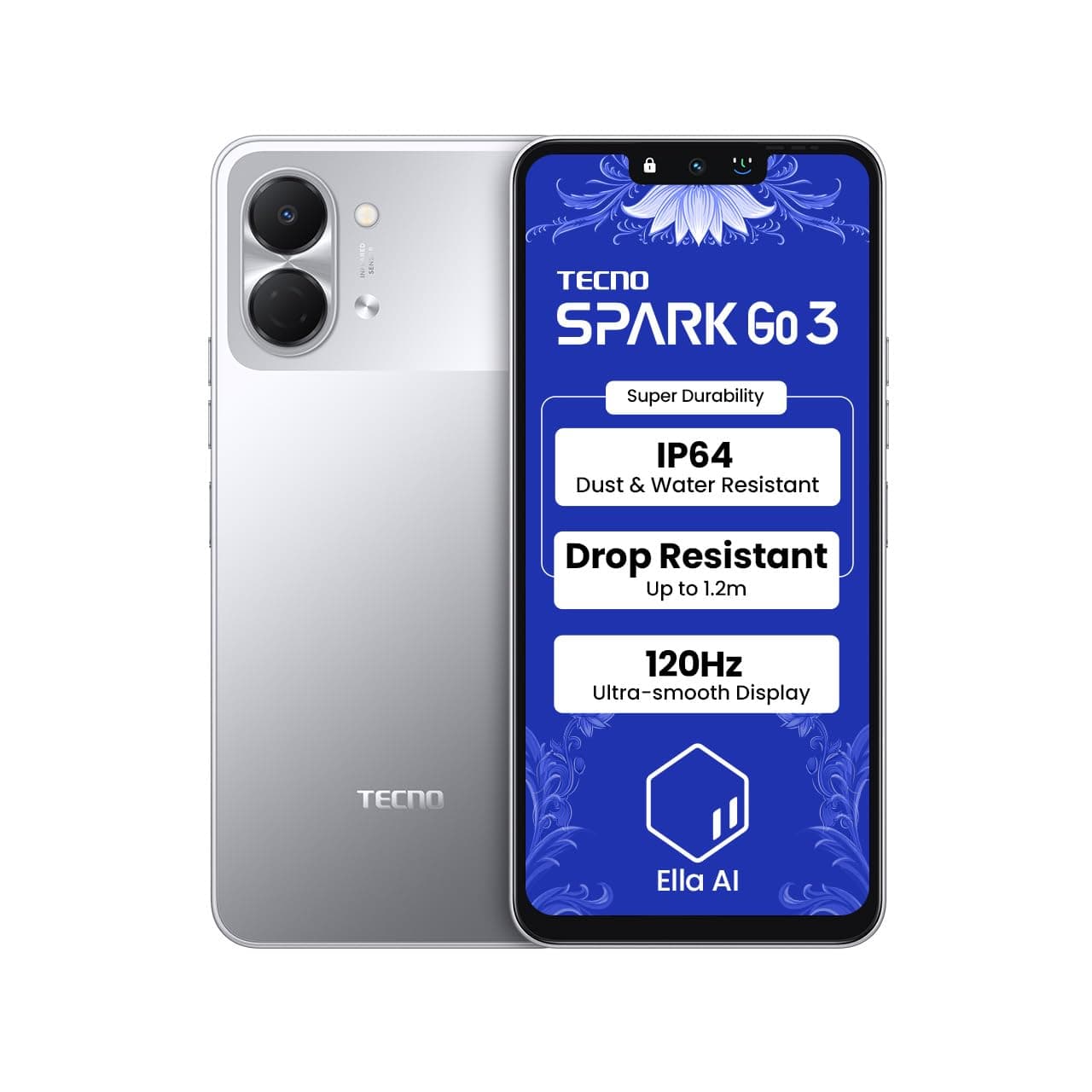 Tecno Spark Go 3 (Titanium Grey, 4GB+64GB | Super Durability Drop Resistant & IP64 Rated| Make Calls Without Network* |Ella Al in Your Own Language| Super Smooth 120Hz 6.74" Display |5000mAh Battery