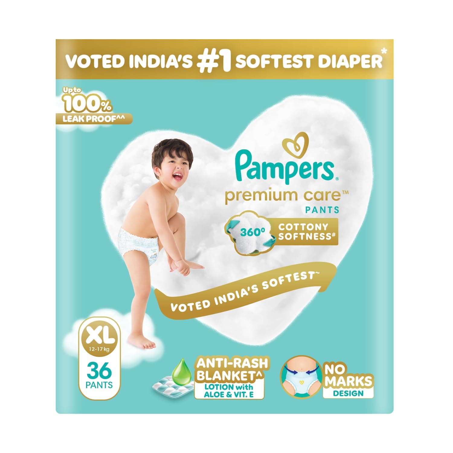 Pampers Premium Care Pant Style Baby Diapers XL 36 Count | No Marks Design | Voted India’s #1 Softest Diaper | All in 1 diaper with 360 Cottony Softness