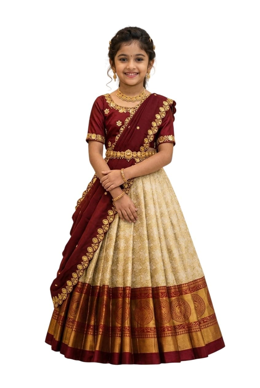 White Button New latest maroon half Saree South Indian Langa Voni pattu pavadai lehenga choli for girls