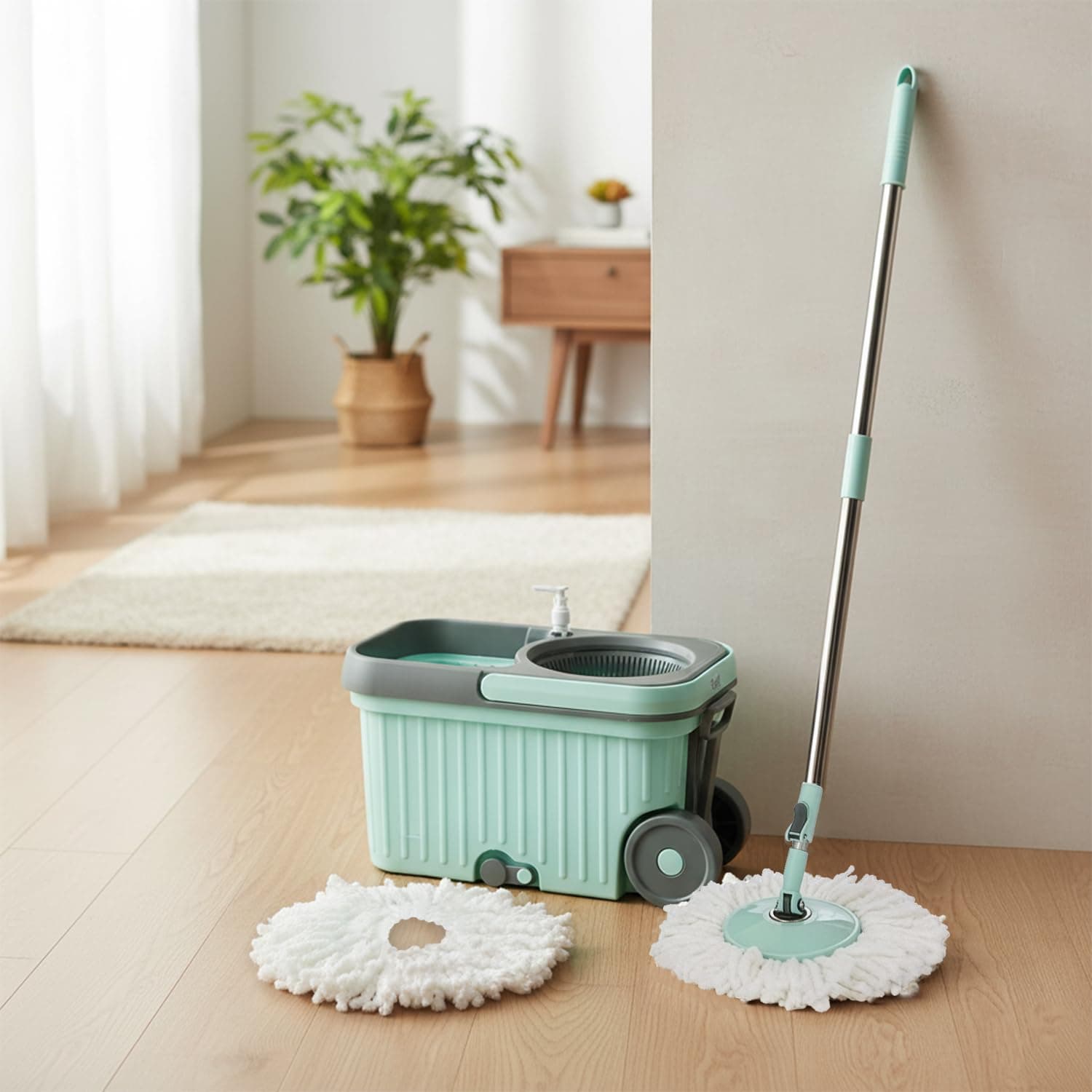 Presto! Elite Spin Mop with Bigger Wheels and Auto- Fold Handle, Green, 2 Refills, Plastic Bucket