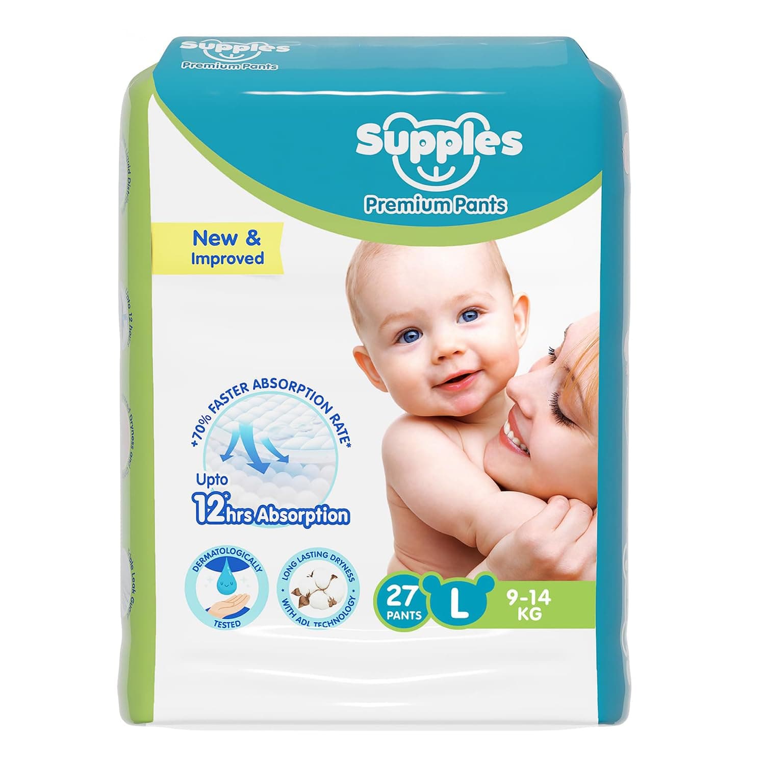 Amazon Brand - Supples Premium Diapers, Large (L), 27 Count, 9-14 Kg, 12 hrs Absorption Baby Diaper Pants