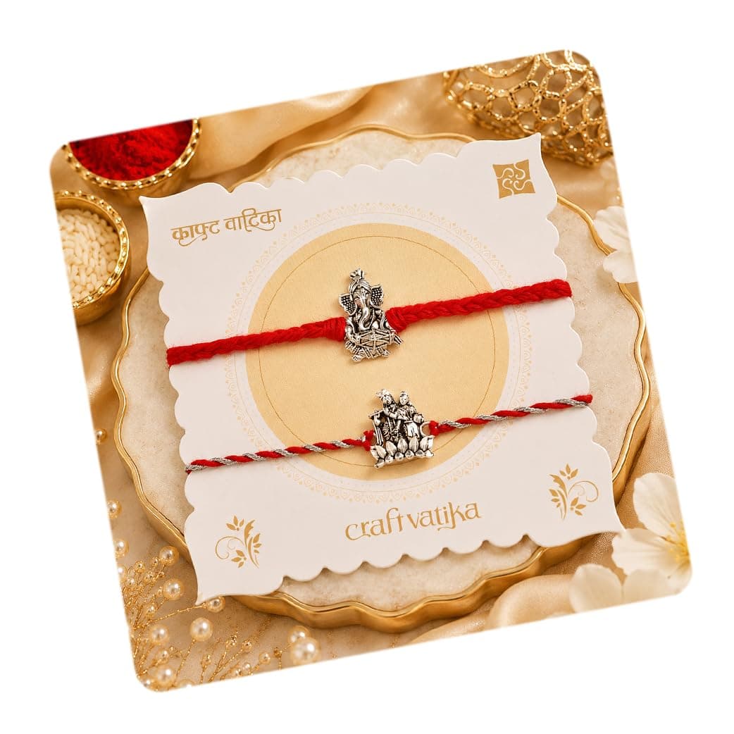 CraftVatika Silver Plated Rakhi Set of 2 for Brother Boy Men, Designer Ganesha Radhe Krishna Rakhi for Brother, Premium Thread for Rakshabandhan Festival with Best Wishes Card and Tillak Set for Him