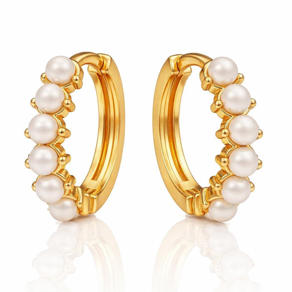 VAMA FASHIONS 18K Gold Plated Pearl Hoop Earrings Anti Tarnish Lightweight Traditional Beaded Round Bali Piercing Ear Jewellery Hoops Ear Studs for Women & Girls (10mm)