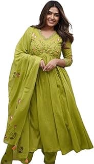 Swara Crafts Women's Cotton Embroidered Long Anarkali Kurti With Pant and Dupatta Set