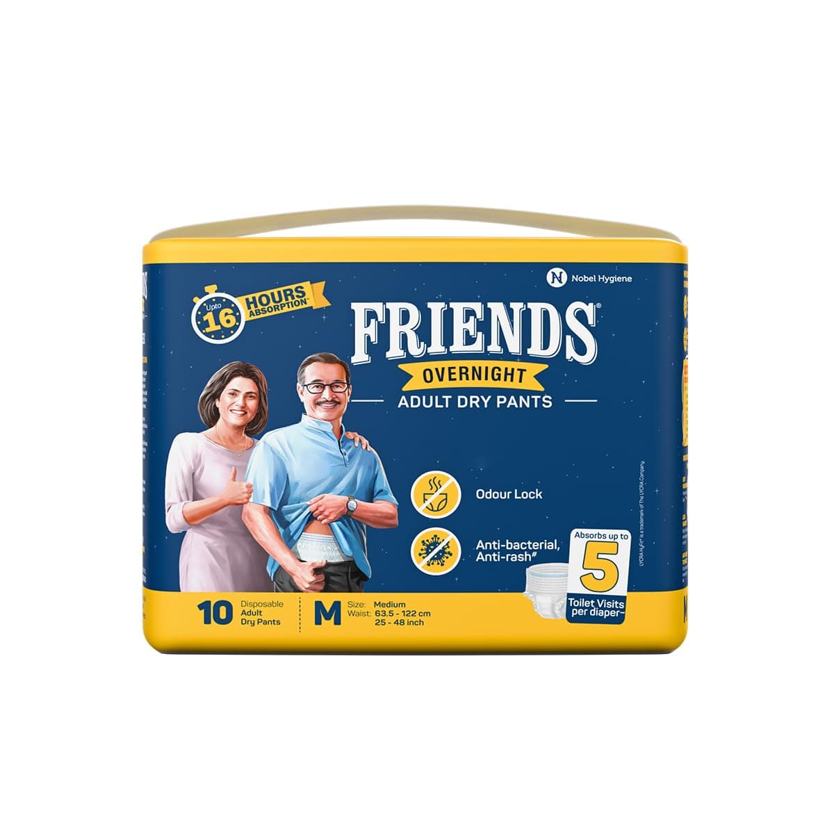Friends Overnight Adult Diaper M Size Pants | 10 Count (Medium) | Waist 25 – 48 inch | 16 Hrs Protection | Leakproof | Quick & Even Absorption | Unisex | Anti-Rash | Odour Lock | Superior Softness | Elastic Waist & Anti-Bacterial Absorbent Core