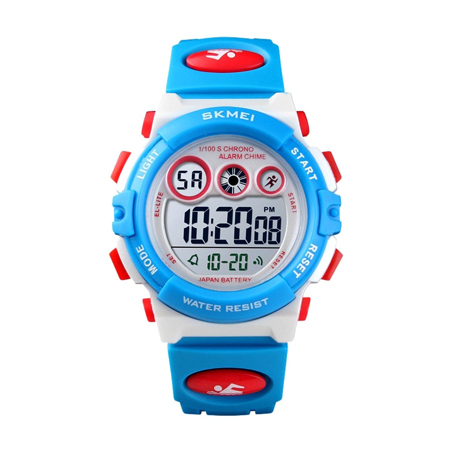 SKMEI Kids Sports Multi Function Digital Watch, White Dial Sky ABS Case Kid's Watch, Blue Color PU Rubber Strap Band, Waterproof LED Light Children Wristwatches for Boys Girls - 1451 (Blue & White)