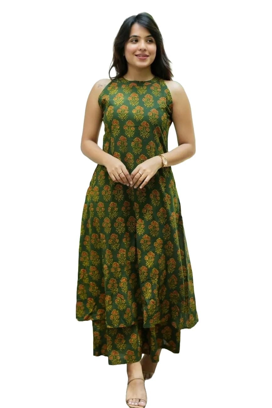 Nermosa Women Pure Cotton Kurta Palazzo Set | Sleeveless Printed Kurta with Palazzo Pants | Summer Friendly, Office Wear Co-Ord Set (IN, Alpha, M, Green)