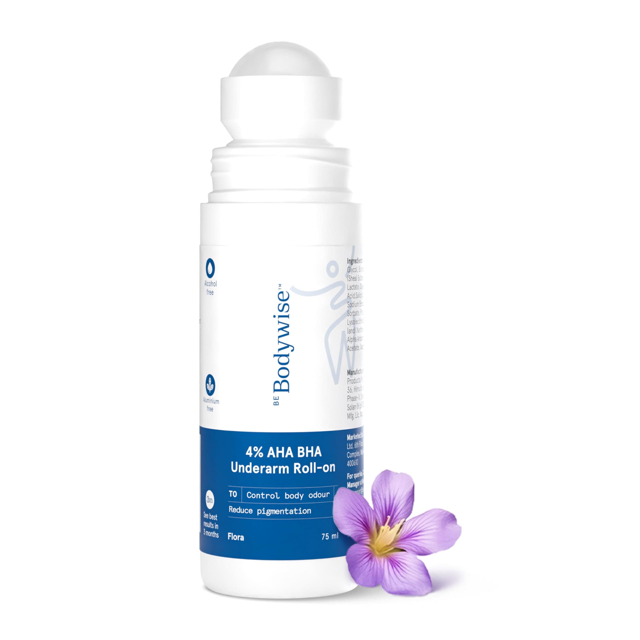 Be Bodywise 4% AHA BHA Underarm Roll-on for Even Tone Skin | 2% Lactic Acid, 1% Mandelic Acid & Salicylic Acid |Controls Odour & Reduces Pigmentation | 0% Alcohol & 0% Aluminium | Flora Fragrance,75ml