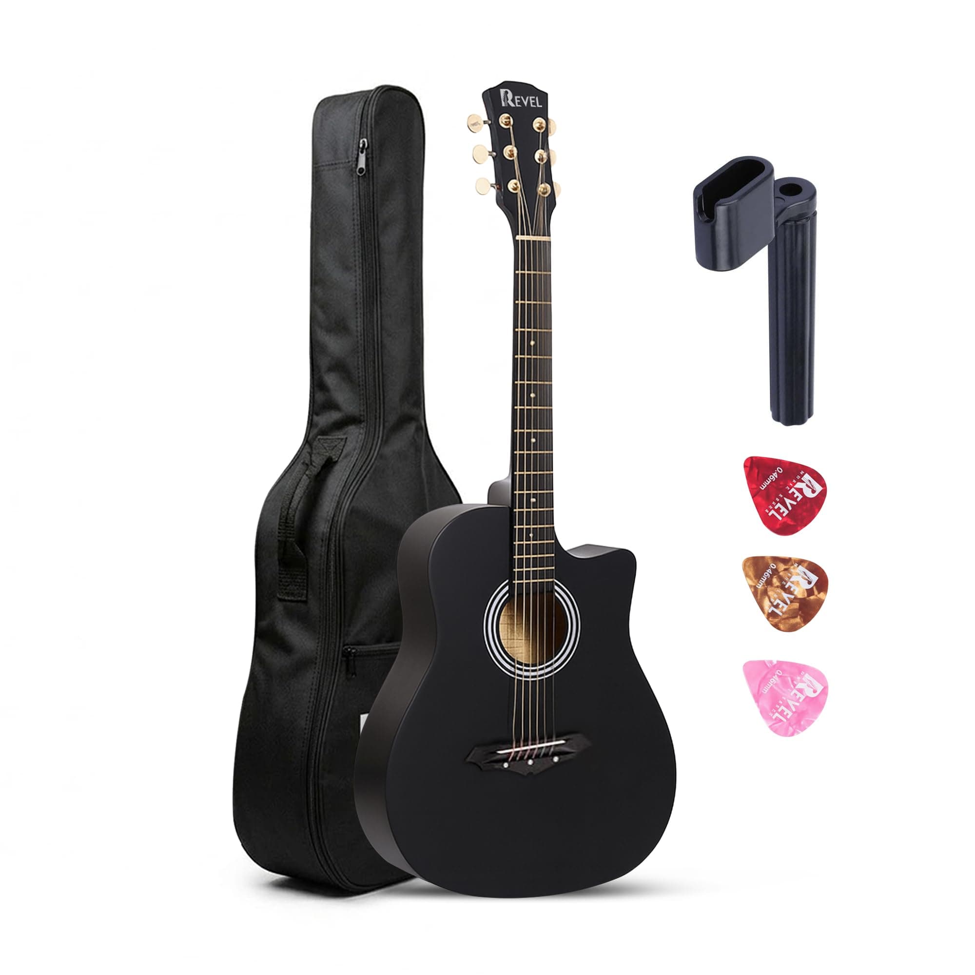 Revel 38 Inch Acoustic Guitar Cutaway Wooden Guitar with High-Gloss Finish, Steel Strings, Smooth Tuning Pegs, Includes Carry Bag, Picks & Sting winder Guitar for Adults. (BLACK)