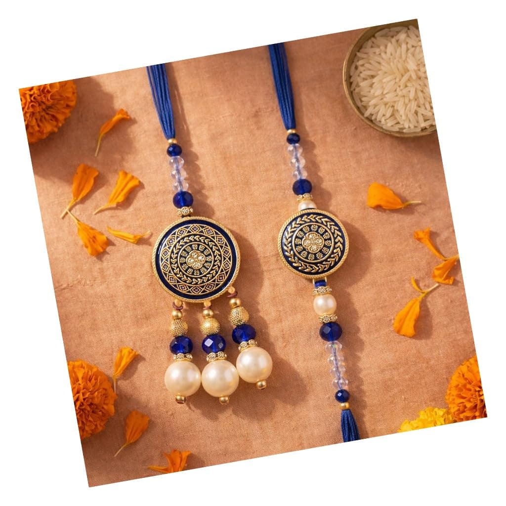 TIED RIBBONS Rakhi for Brother and Bhabhi - Designer Couple Rakhi's Set of 2 with Roli Chawal - Hanging Lumba Rakhi for Bhaiya Bhabhi Set - for Rakshabandhan
