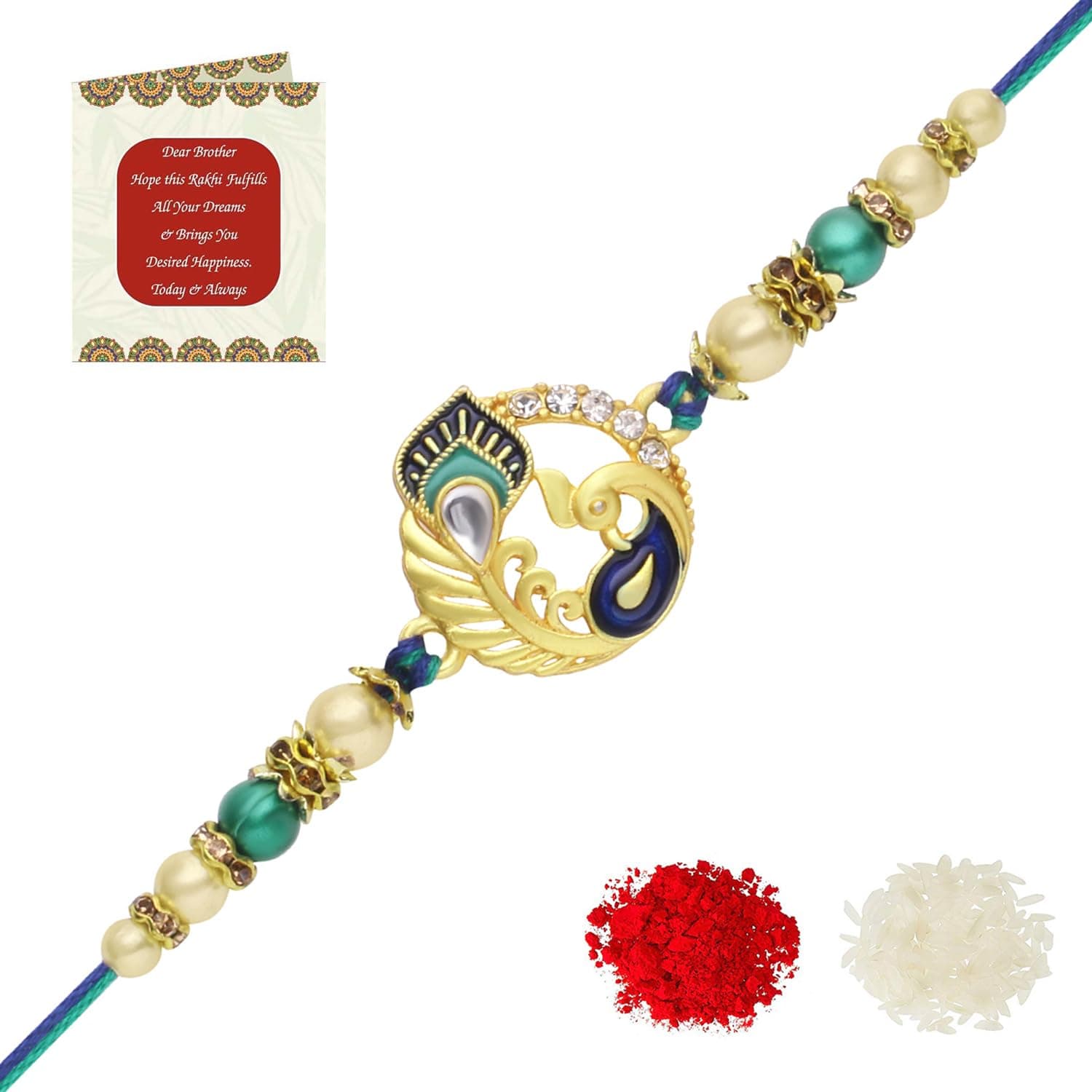Riddhika Ventures Glorious Gold Plated Meenakari Peacock Rakhi with Roli Chawal and Greeting Card (P6)