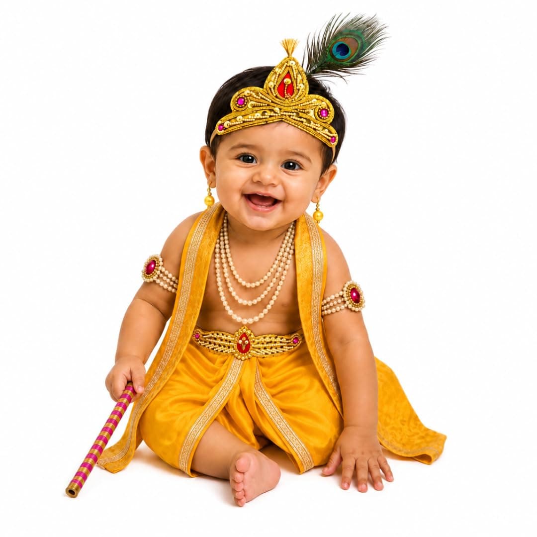 ITSMYCOSTUME Krishna Dress for Baby Boy Kids Set of 10(Dhoti,Patka,Hip Cover,Mukut,Morpankh,Bansuri,Kamarband,Bajuband,Kundal) Little Krishna Ji Kanha Janmasthmi Costume for Kids(Yellow)