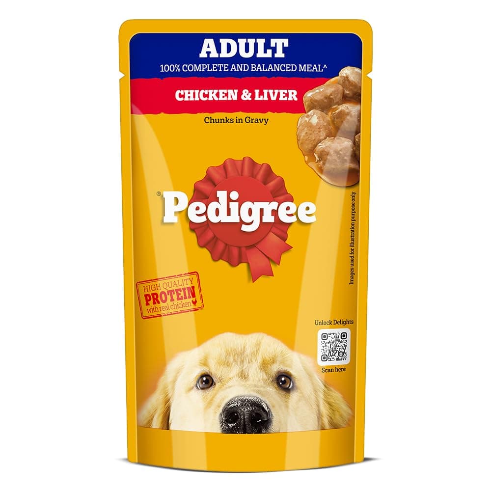 Pedigree Adult Wet Dog Food, Chicken & Liver Chunks in Gravy, 130 g, Complete & Balanced Meal for Adult Dogs