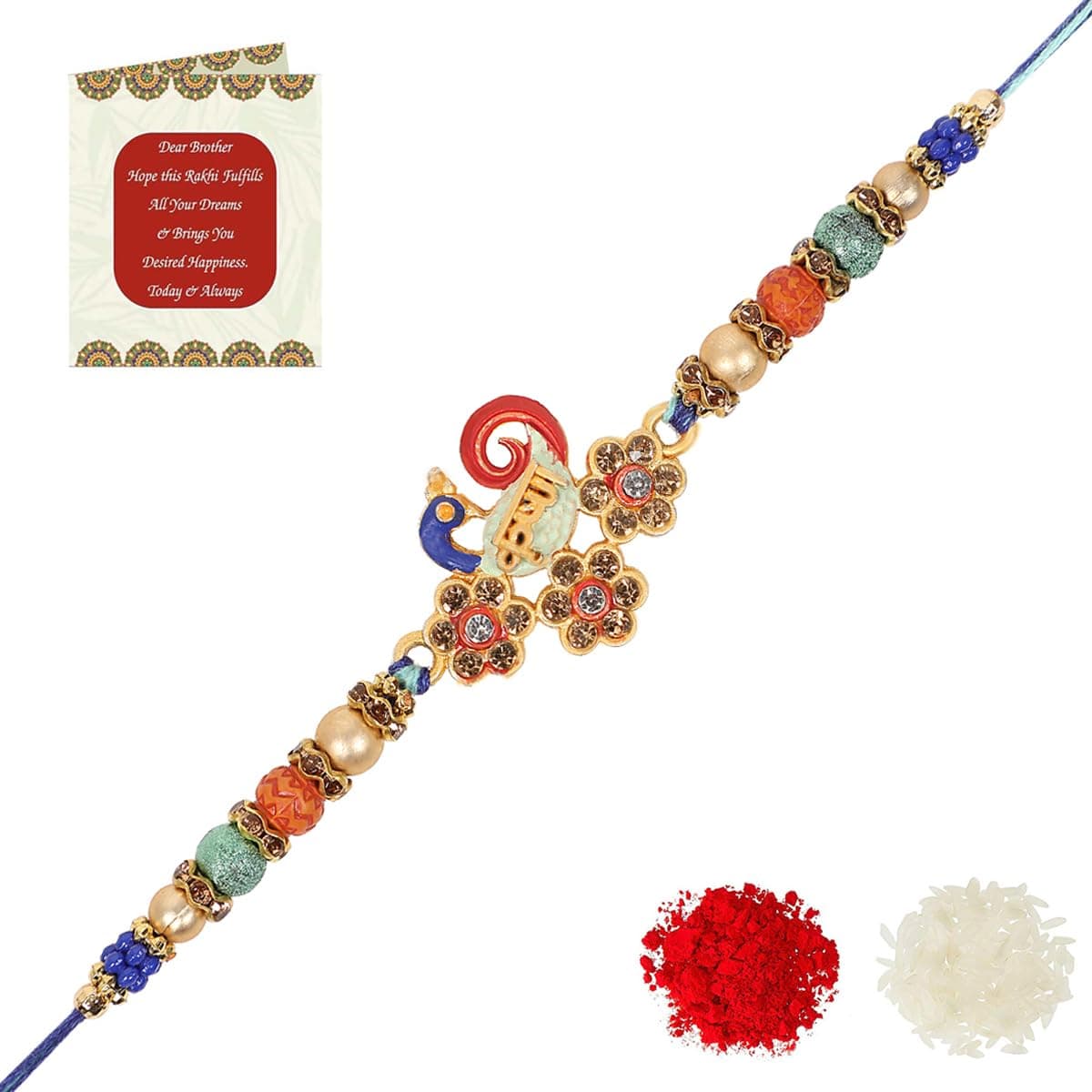 Riddhika Ventures Meenakari Peacock Rakhi – A Bond of Love & Protection with Roli Chawal and Greeting Card (K8)