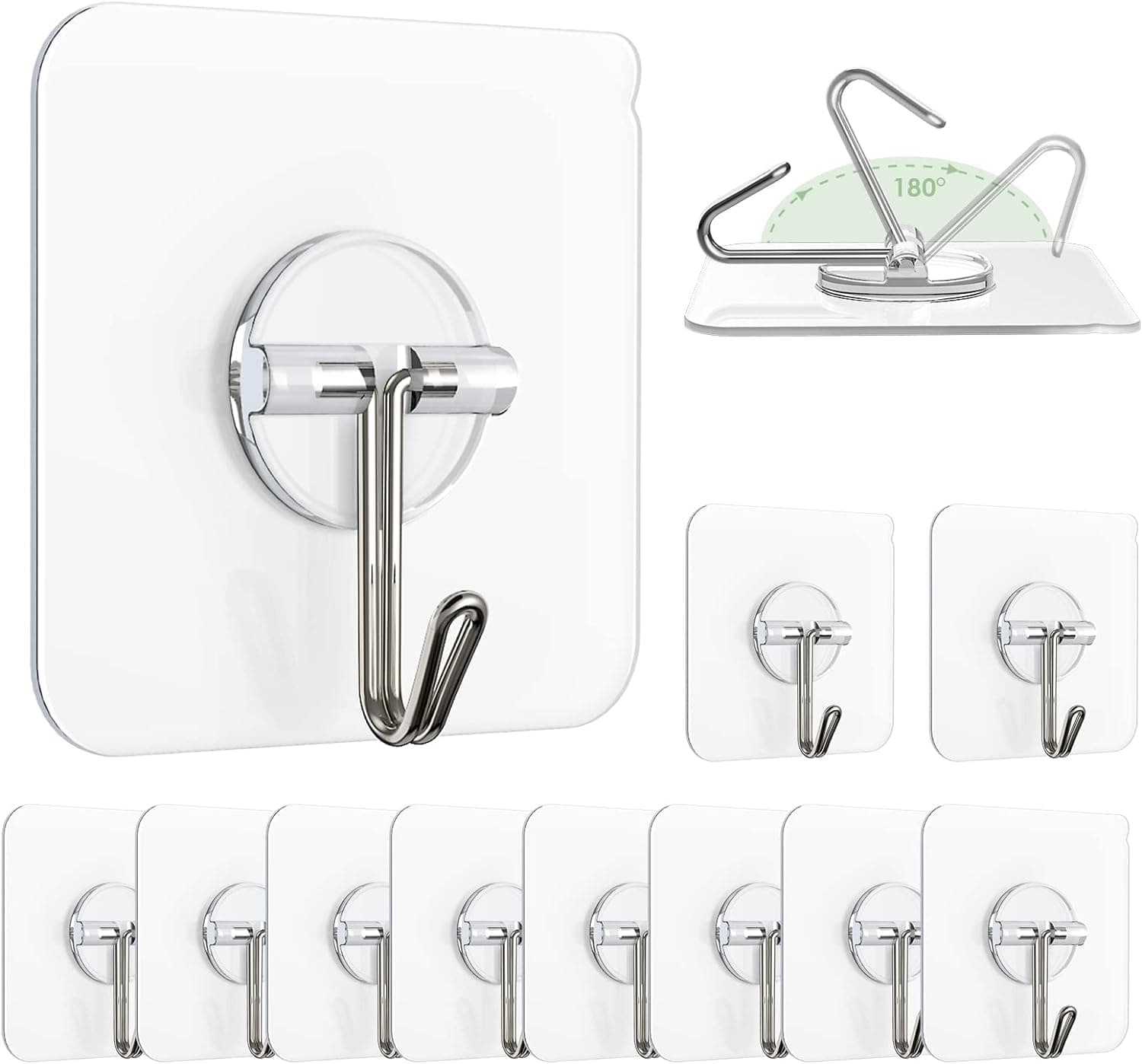 Zulaxy Hanging Hooks Without Drilling, 10 Pack Self Adhesive Hooks for Wall Heavy Duty Strong Nail Free, Kitchen Accessories Items (Hanging Hook, Transparent) Stainless Steel