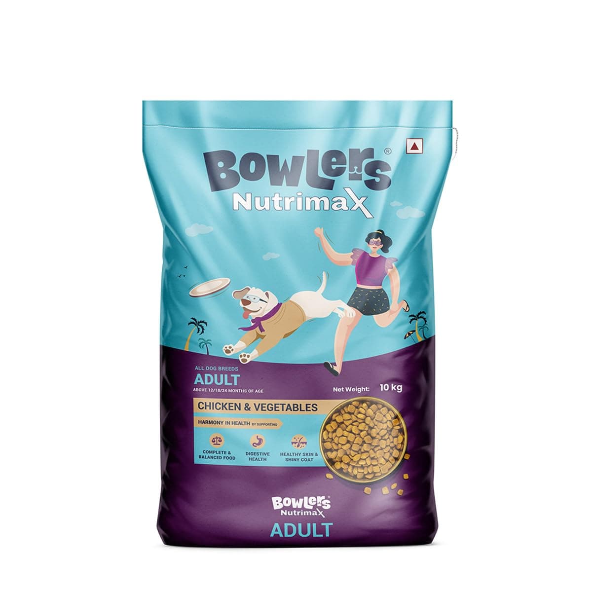 Bowlers Nutrimax Adult Dry Dog Food | Chicken & Vegetables | 10 kg Protein | Smooth Digestion & Healthy Coat Complete & Balanced Nutrition | Enriched with Essential Amino Acids