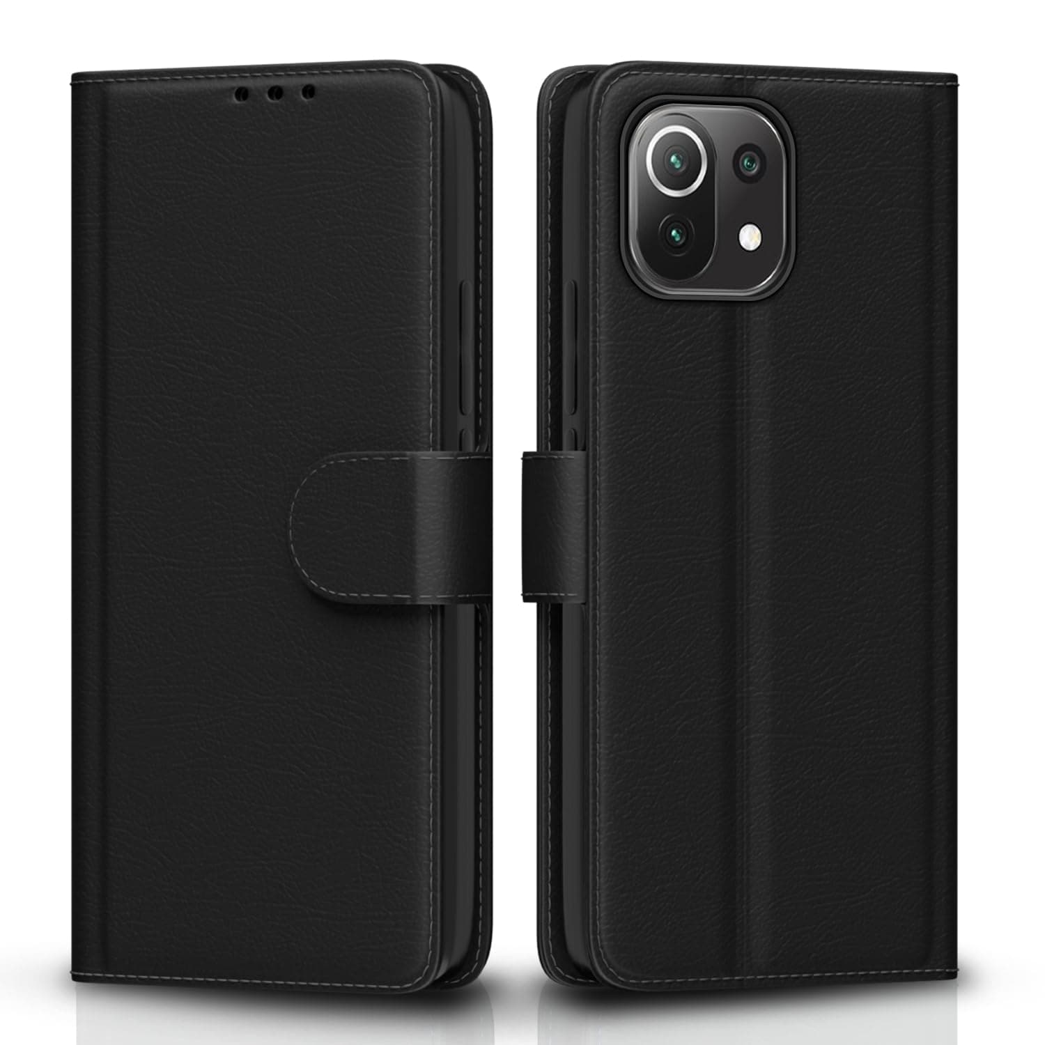 Pikkme Mi 11 Lite Flip Case Leather Finish | Inside TPU with Card Pockets | Wallet Stand and Shock Proof | Magnetic Closing | Complete Protection Flip Cover for Mi 11 Lite (Black)