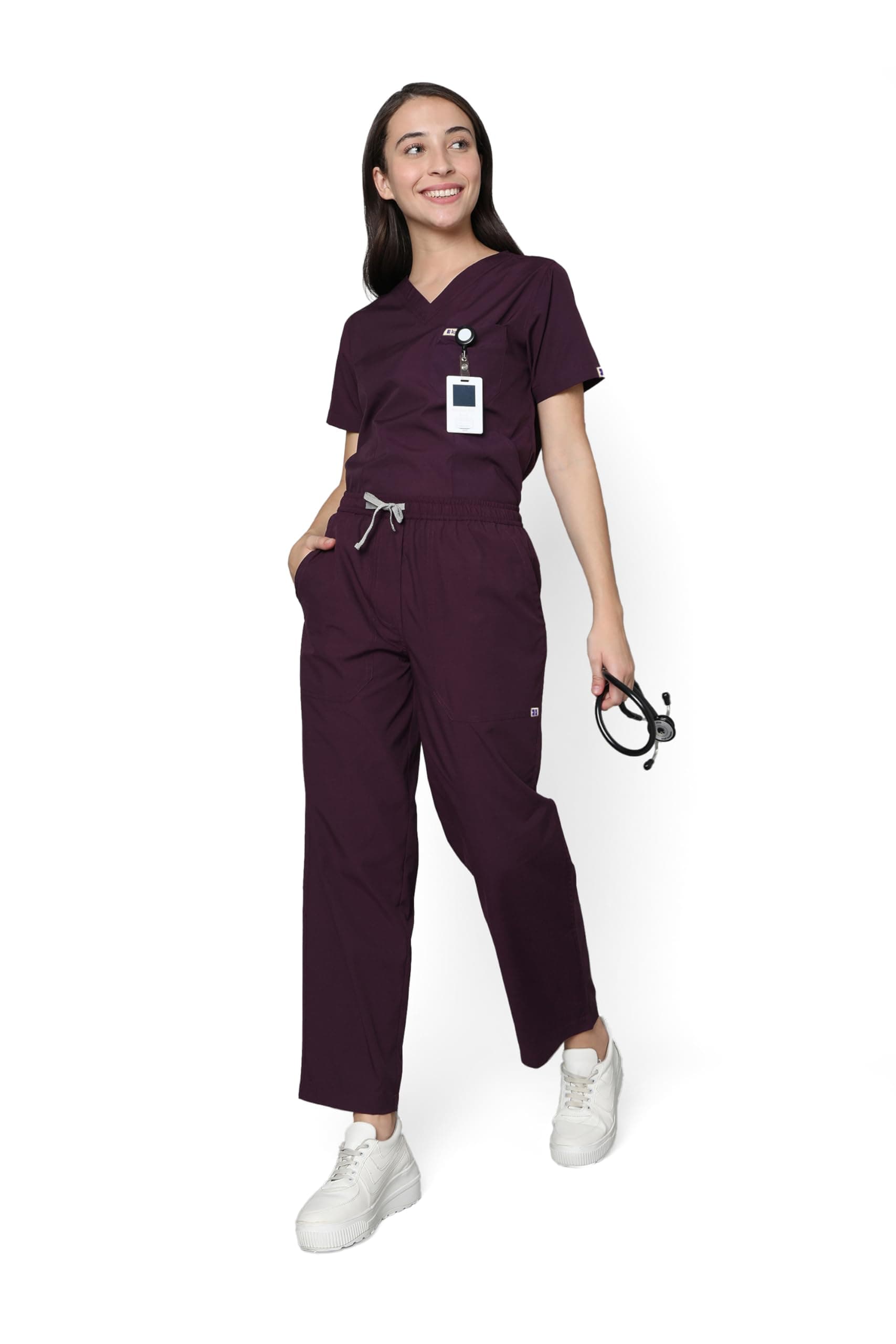 KNYA Classic Women's 5-Pocket New Gen Scrubsuit | V Neck | Flexibile & Comfortable Top & Bottom | Easily Accessible Pockets | Uniform for Doctors | Wine (XL)