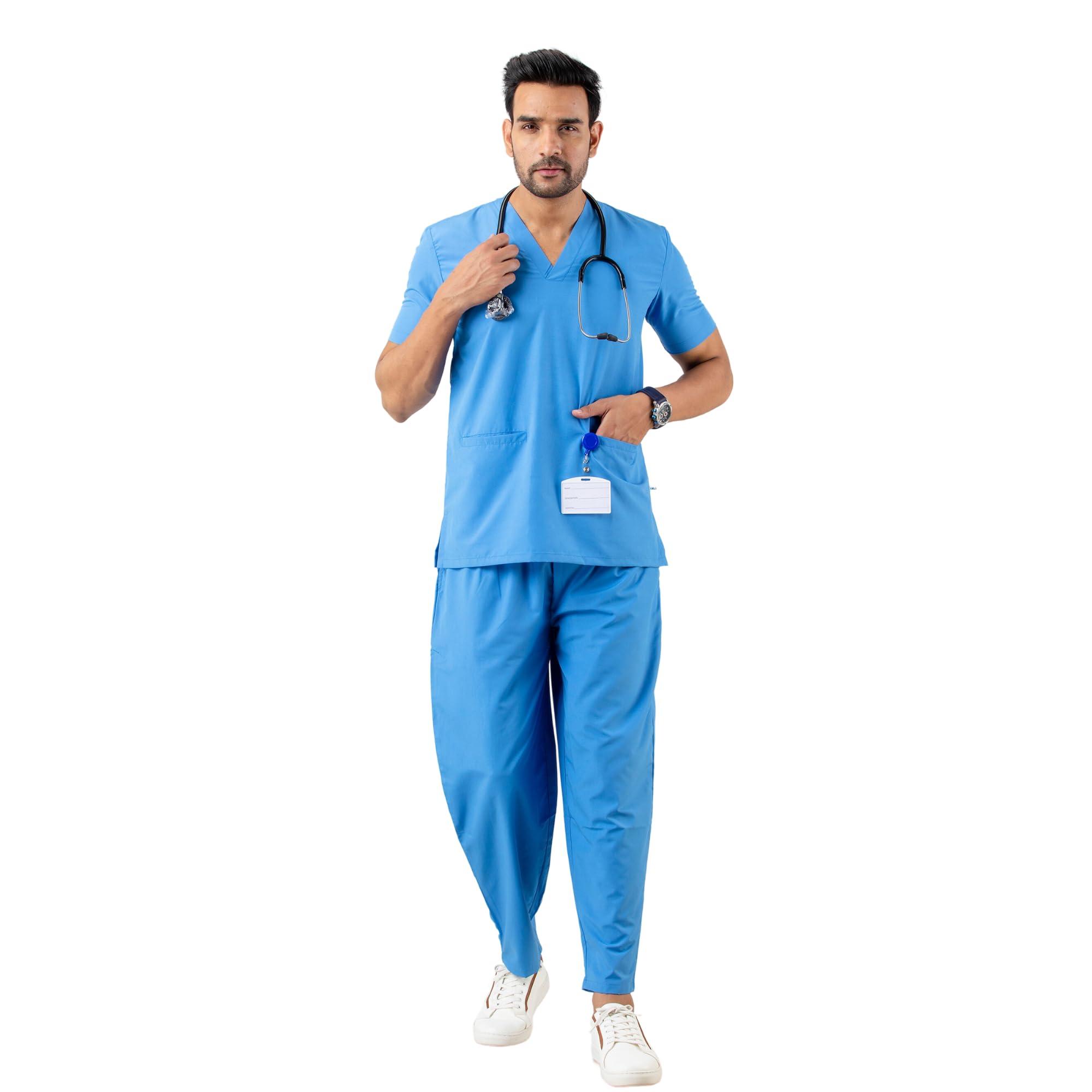 DRx5 Scrub Suit - Classic V-Neck Healthcare Uniform Set | Premium Blend for Comfort and Durability | Ideal for Doctors, Nurses, and Hospital Staff (Turquoise Blue, Small)