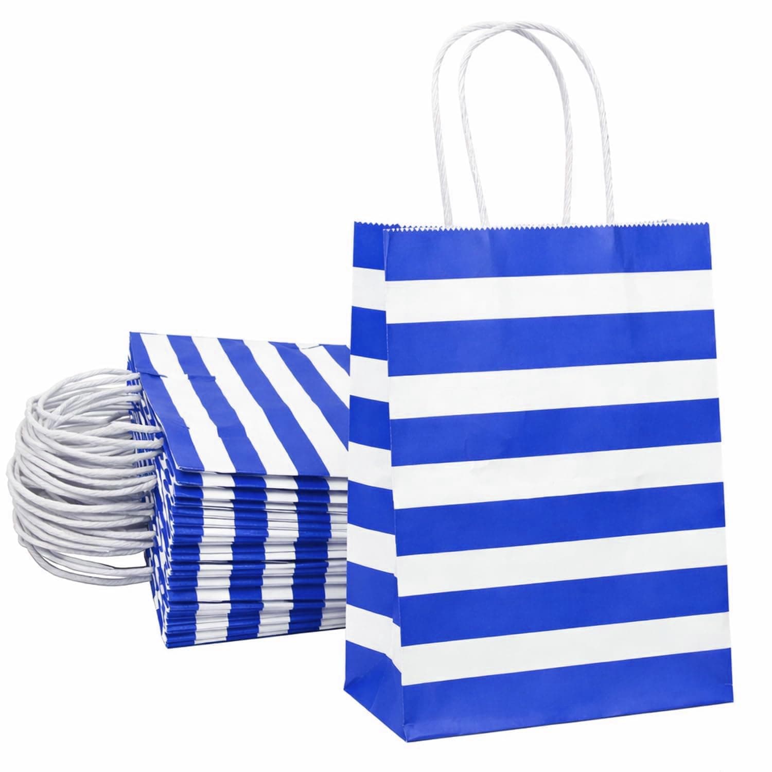 Aakriti Paper Gift Bags with Handles for Return Gifts, Party Favors & Shopping | Blue & White Striped Design | 50 pcs | 10 x 4 x 12 Inch Medium | Retail Packaging Bags