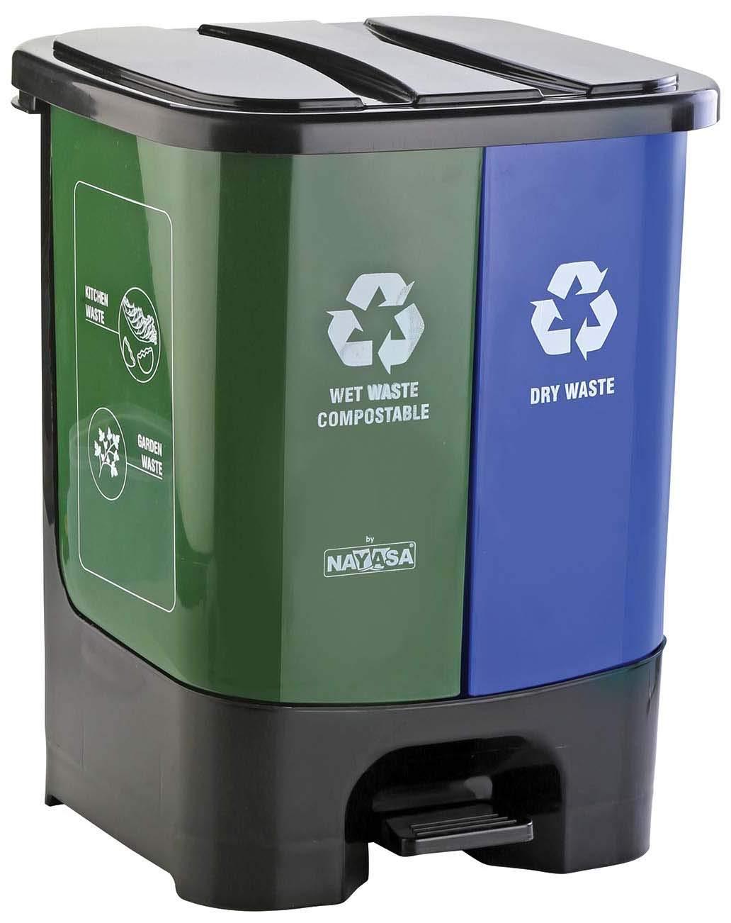Nayasa 2-in-1 Pedal Dustbin – 19 L (9.5 L Each) | Dual Compartment Wet & Dry Waste Bin with Detachable Inner Bins | Hygienic Plastic Pedal Bin | Green & Blue