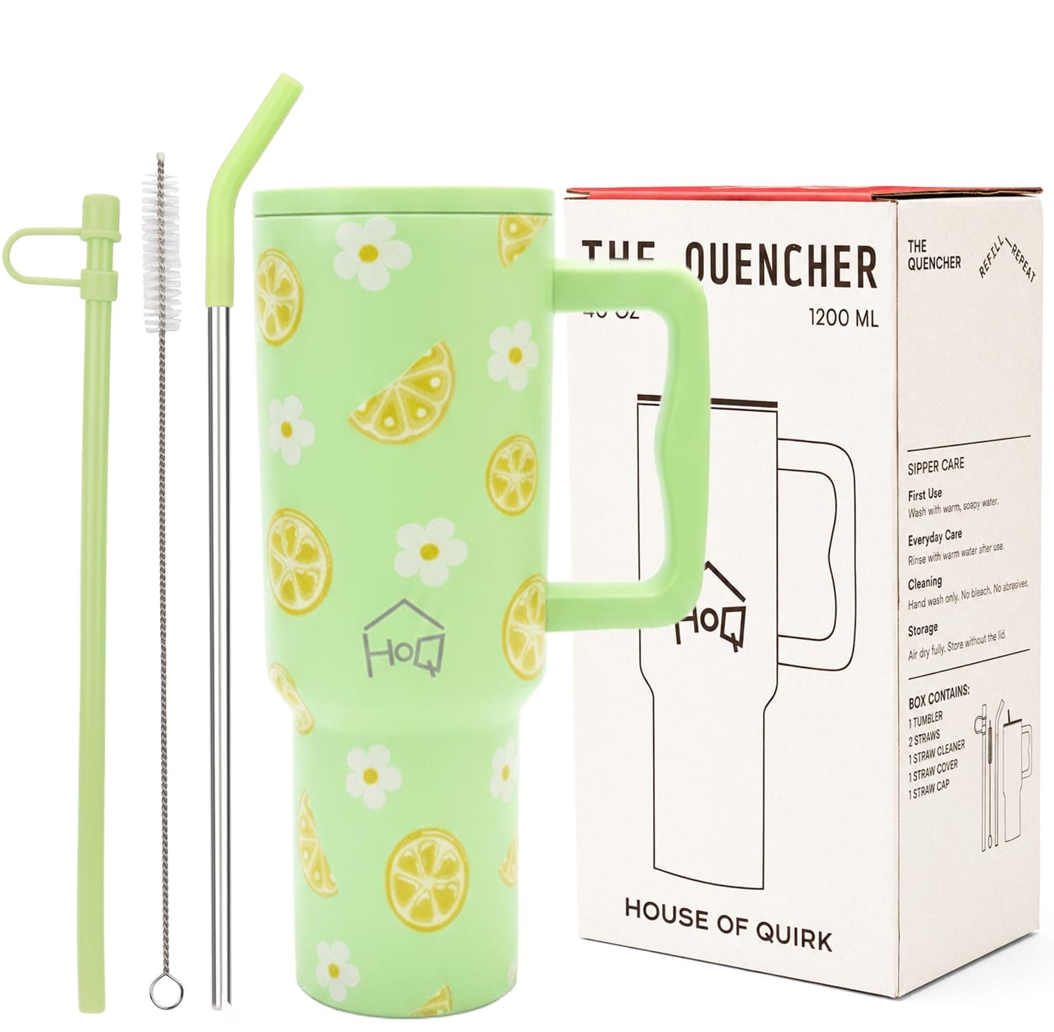 House of Quirk 1200ML Stainless Steel Tumbler with Handle & Lid, 2 Straws – Large Travel Mug Water Cup for Gym, Office & Outdoor Use (Green Lemon)