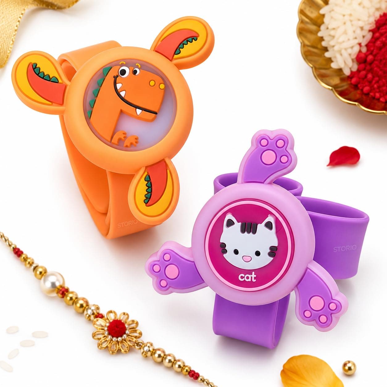 Storio Pack of 2 Rakhi for Brother Kids | Wrist Band for Boys and Girls Spinning Slap Band Cute Cartoon Bracelet Wrist Band with LED Light Up, Great Birthday Return Gift Toys for Kids Boys Girls