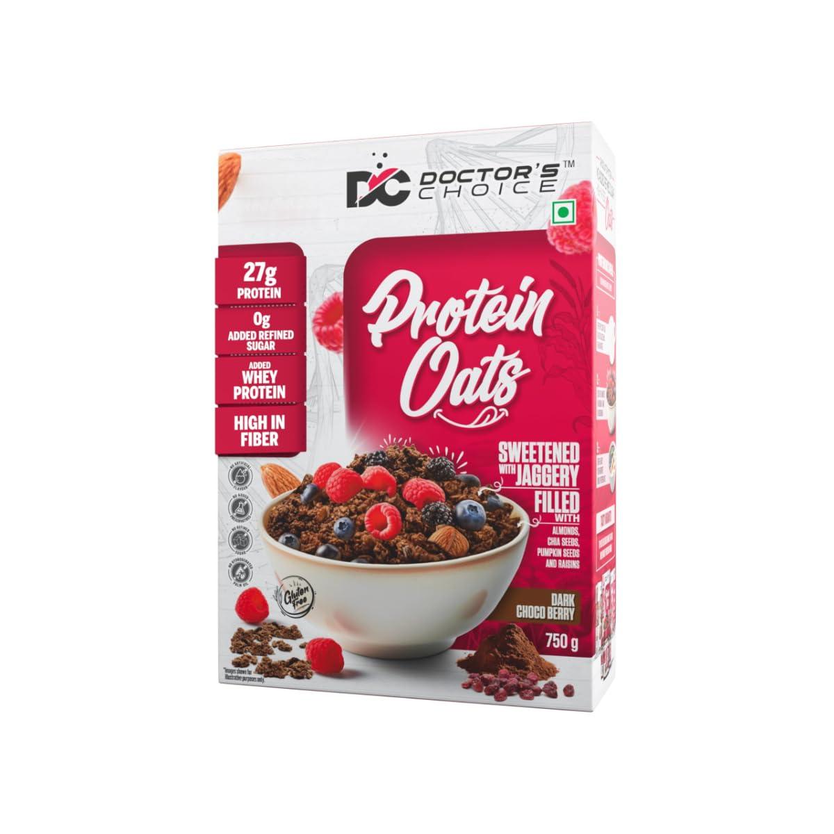 Doctors Choice High Protein Oats 750g | 27g Protein Oatmeal | Dark Choco Berry Flavor | No Added Sugar | Gluten Free | High Fiber Healthy Breakfast Oats