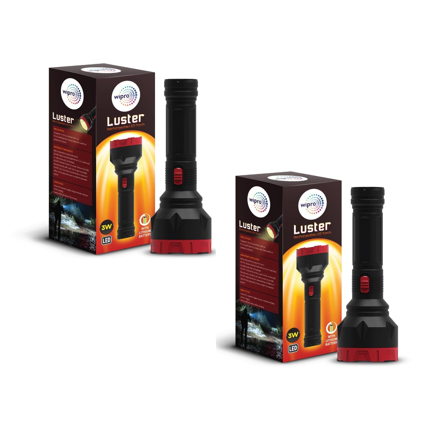 wipro Luster 3W LED Bright Rechargeable Torch (Pack of 2, Red and Black)