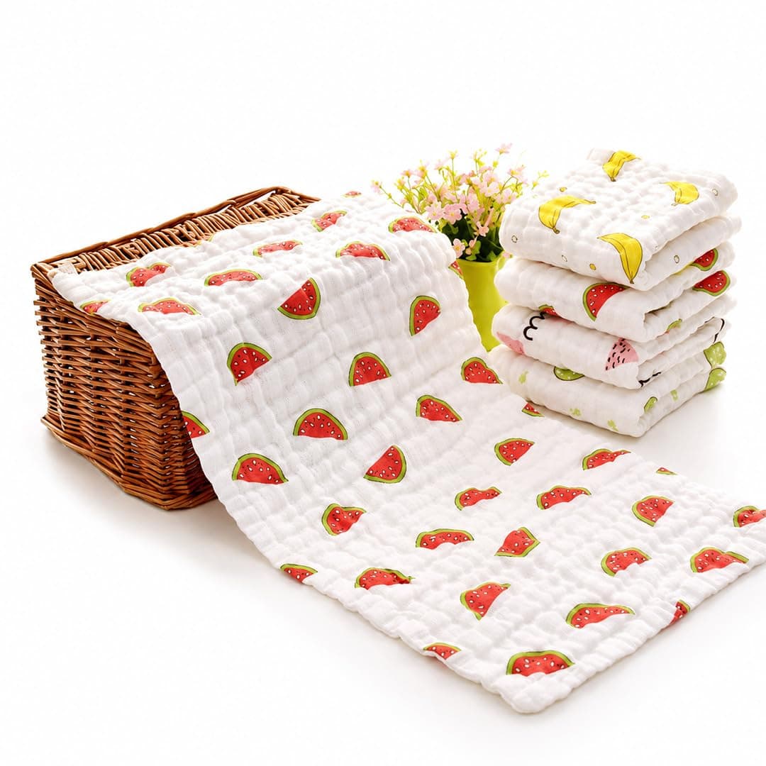 MOM CARE Muslin Cloth for New Born Baby | 6 Layer Soft Cotton | Burp Cloths, Baby Towels, Washcloth, Handkerchief & Feeding Wipe Cloth | Reusable | Pack of 5