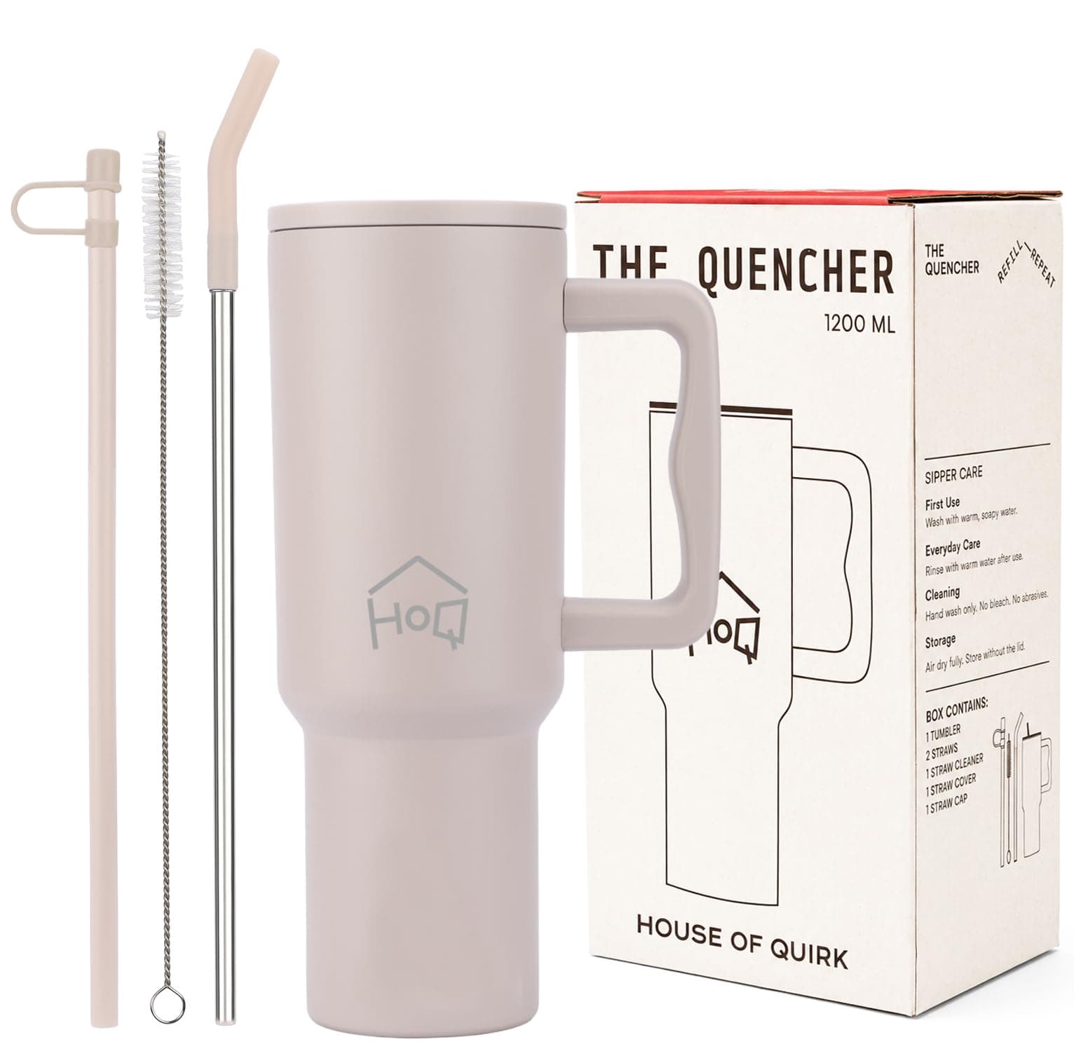 House of Quirk 1200ML Stainless Steel Tumbler with Handle & Lid, 2 Straws – Large Travel Mug Water Cup for Gym, Office & Outdoor Use (Oatmeal)