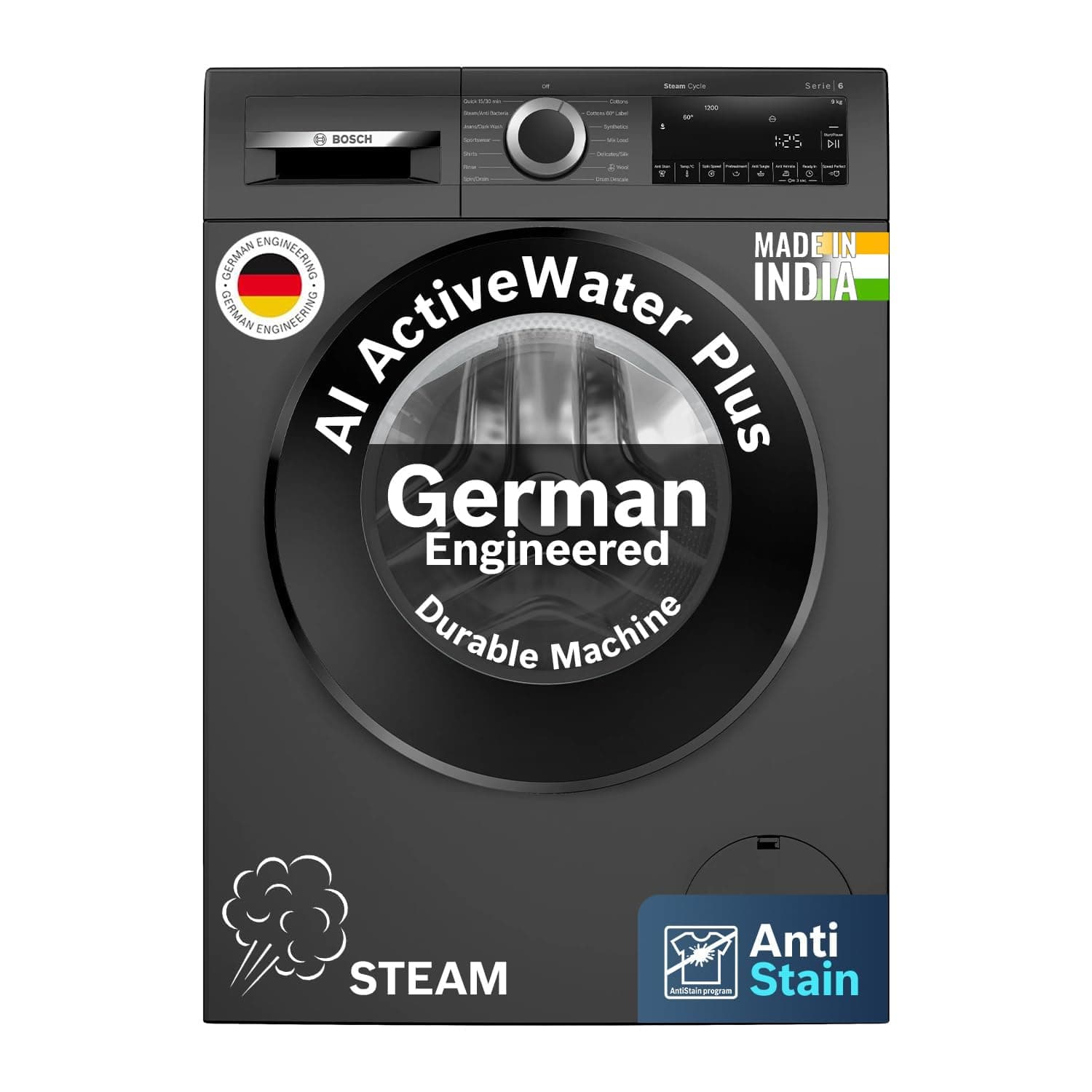 Bosch 9 kg 5 Star Front Load Fully-Automatic Washing Machine, AI ActiveWater, 14 Wash Programs, Removes 99.9% Germs with Steam, No Tangle or Wrinkle, SoftCare Paddle, Black Grey, WGA1420TIN
