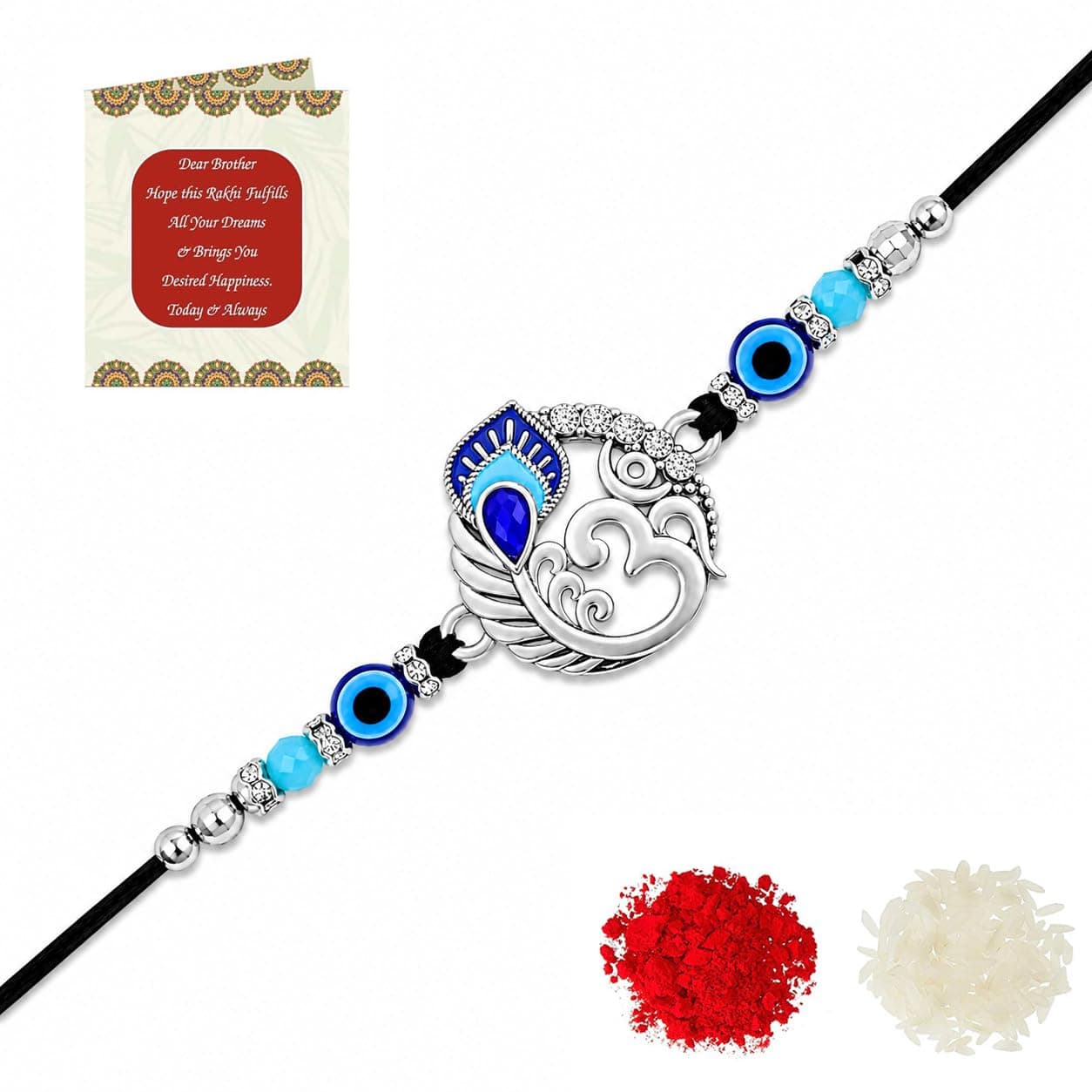 Riddhika Ventures Religious Meenakari Om and Peacock Feather Rakhi With Roli Chawal And Greeting Card (S1)