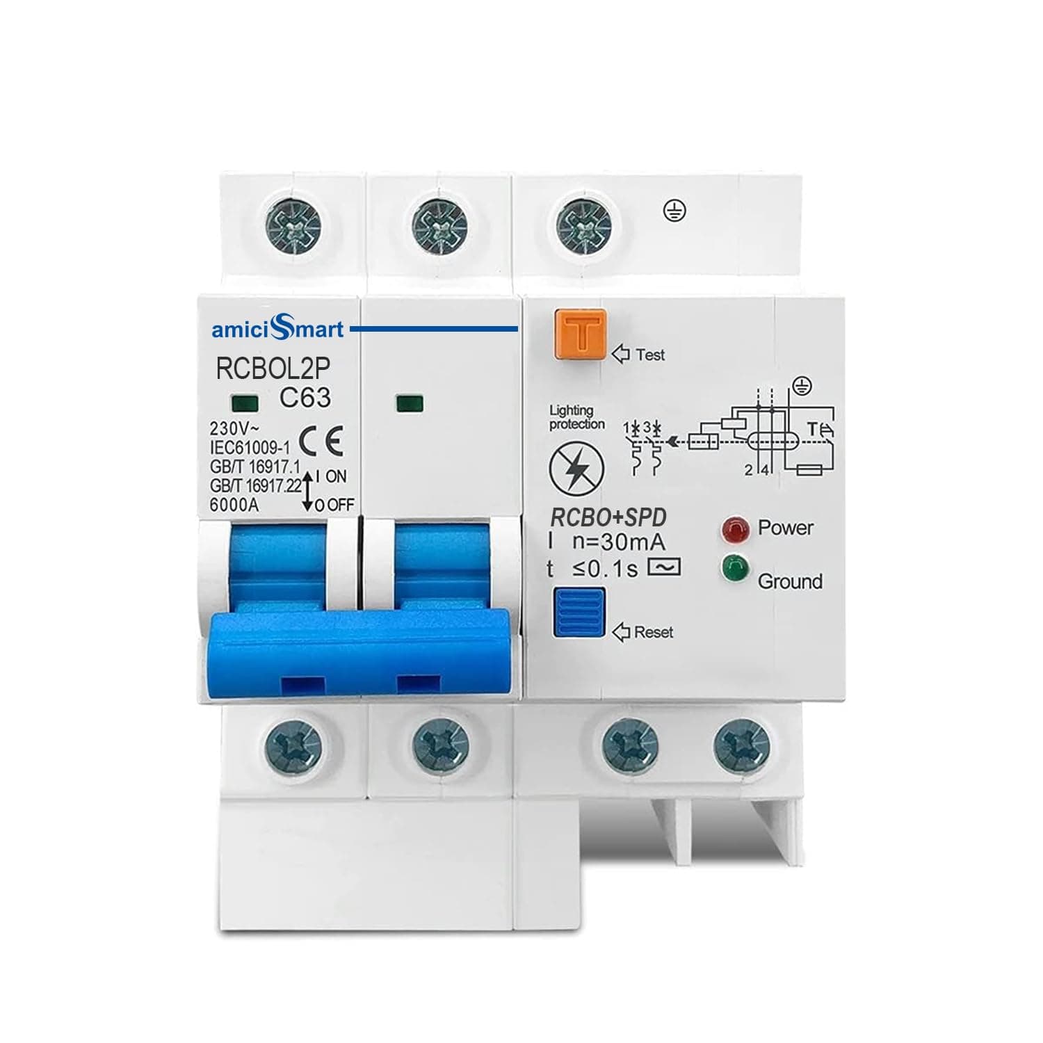 amiciSmart 63A Single Phase Circuit Breaker, Leakage/Lightning Protection
