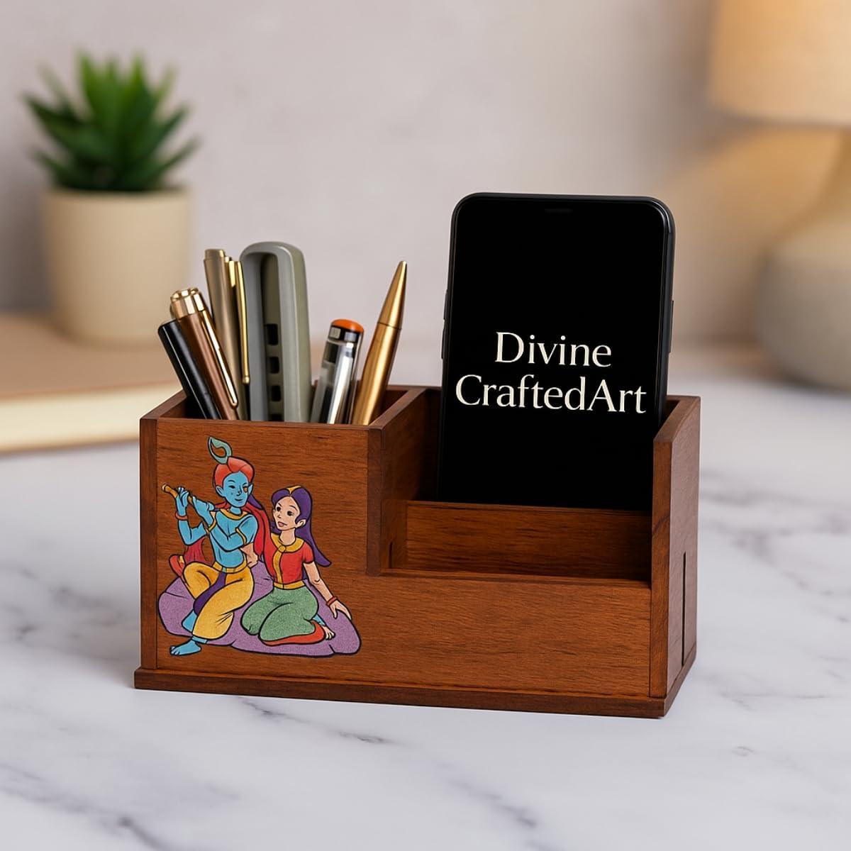 DivineCraftedArt Handcrafted Wooden Pen Holder & Mobile Stand | Desk Organizer for Office, Home & Study Table | Pen Pencil Stand with Card Holder (6.75×3.75×2.5 Inch) (Krishana Radhe Desk)