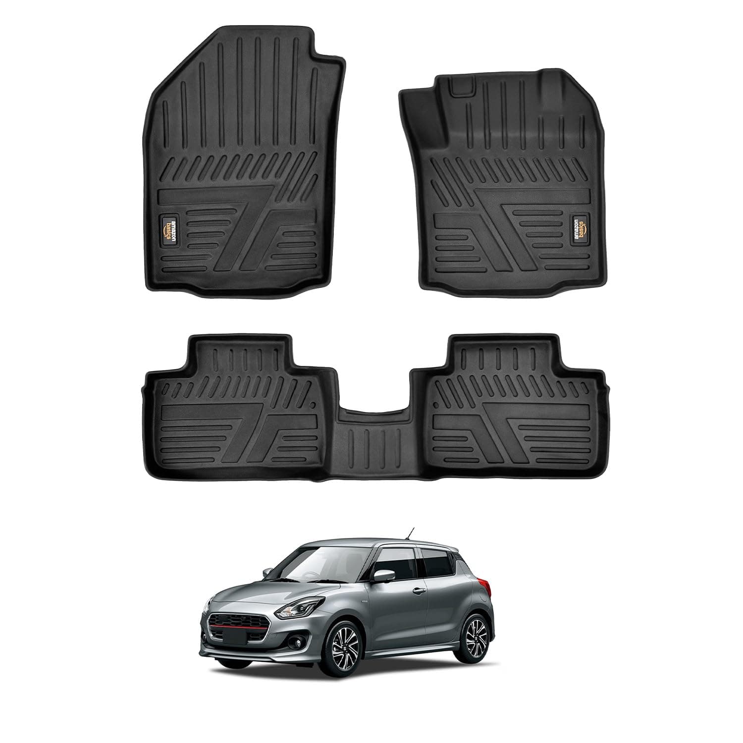 Amazon Basics 5D Custom Fit Car Floor Mats for Swift Facelift | Odor Free Virgin Polymer | All Weather Waterproof Protection | Edge to Edge Coverage | 3 Piece Set