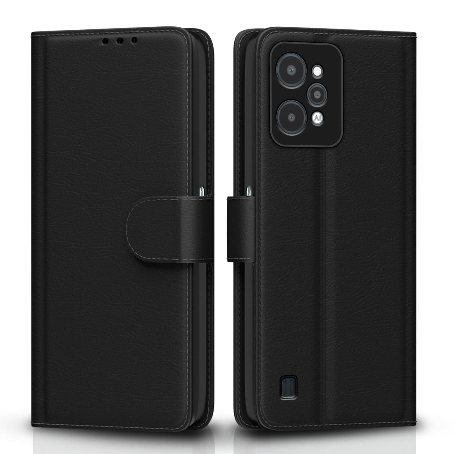 Pikkme Realme C31 Flip Cover | PU Leather Finish | 360 Protection | Wallet & Stand | Strong Magnetic Flip Case for Realme C31 (Black)