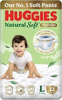 Huggies Natural Soft Premium Baby Diaper Pants, Our No.1 Soft Pants, Large (L) Size (9-14 Kgs), Pack of 32 diapers | Cloud Softness All over with India's 1st Cloud Touch BeltTM