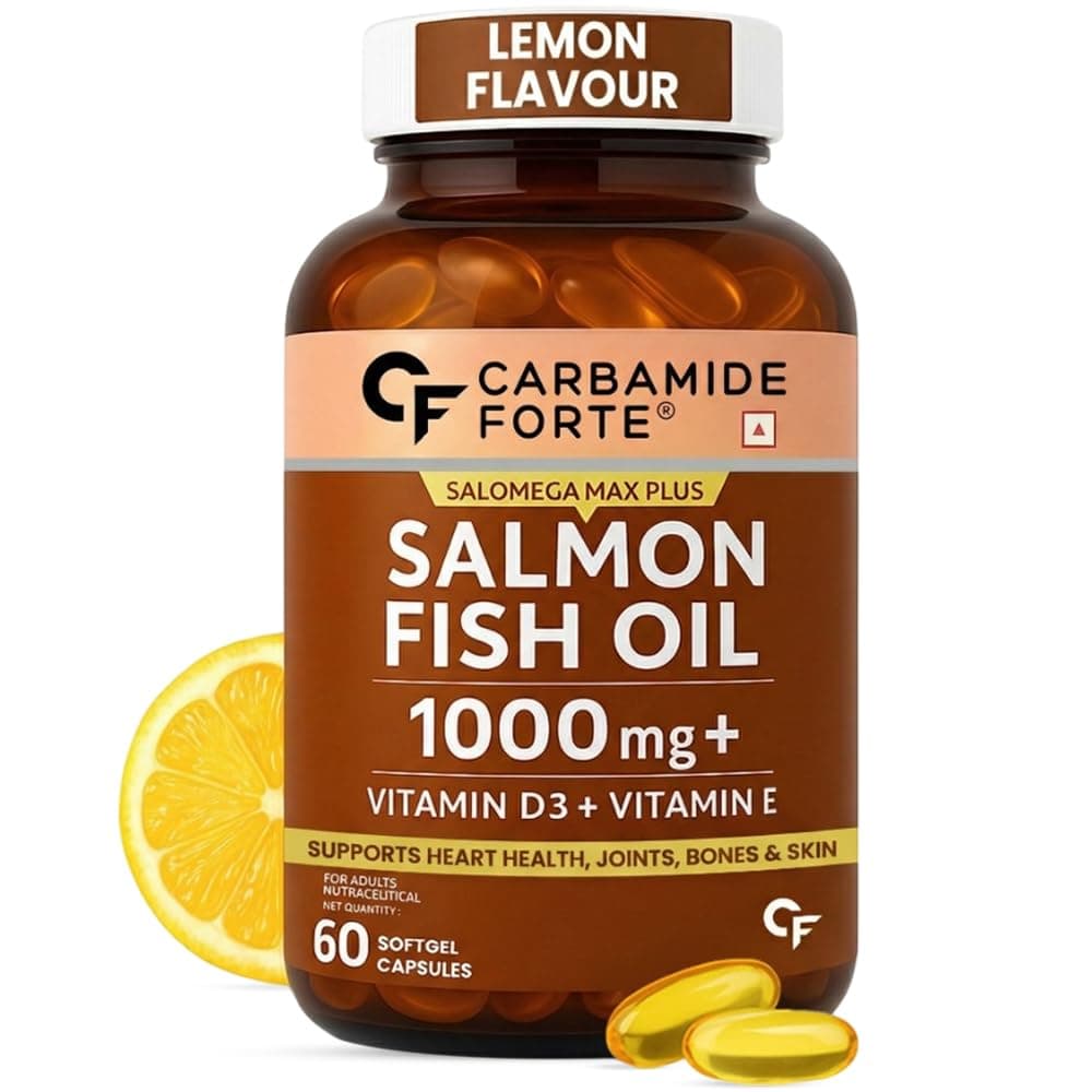 Carbamide Forte Salmon Omega 3 Fish Oil Capsules 1000mg | Salmon Fish Oil Omega 3 Capsule With Vitamin D3 + E For Men & Women | Omega3 Fishoil Supplement For Heart, Joints, Bones & Skin - 60 Softgels